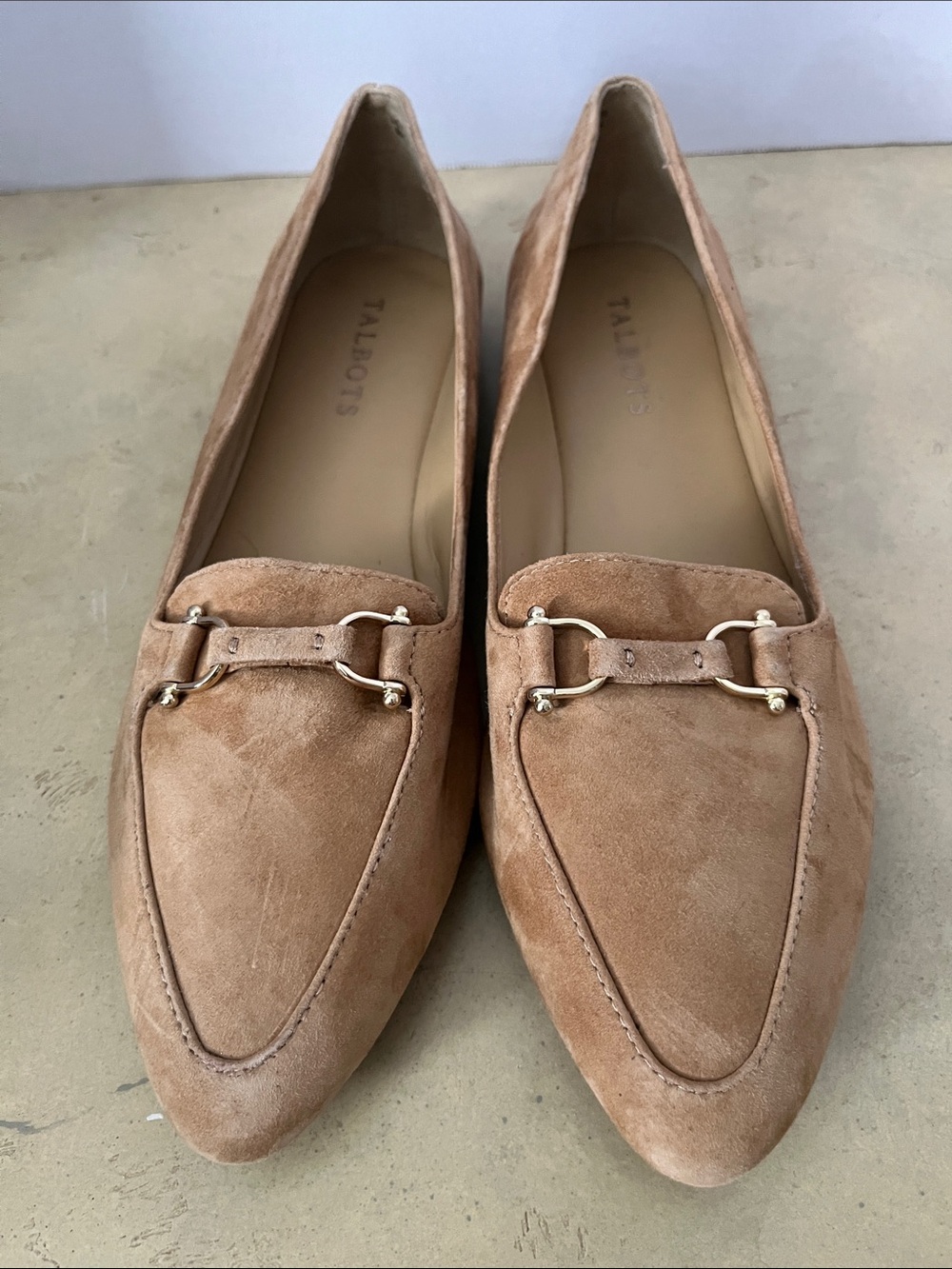 Talbots Tan Suede Pointed-Toe Loafers with Gold Bit